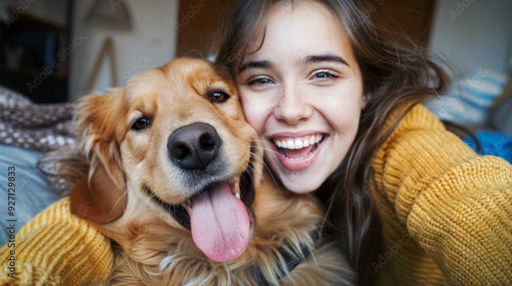 A woman and her golden retriever dog are smiling for a selfie inside their home A woman and her golden retriever dog are smiling for a selfie inside their home