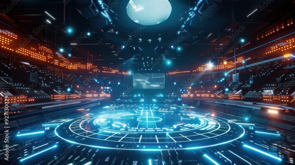 Obraz premium The image shows a futuristic stage with a circular platform in the center, illuminated by bright blue neon lights. The stage is surrounded by rows of orange lights and a large, dark screen at the back