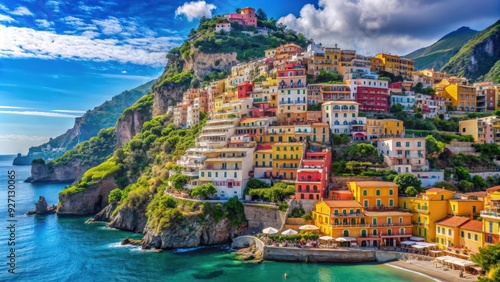 Picturesque coastal town with vibrant colorful houses on steep cliffs overlooking the azure Mediterranean Sea, capturing the charm and beauty of an idyllic Italian seaside village on a sunny day.
