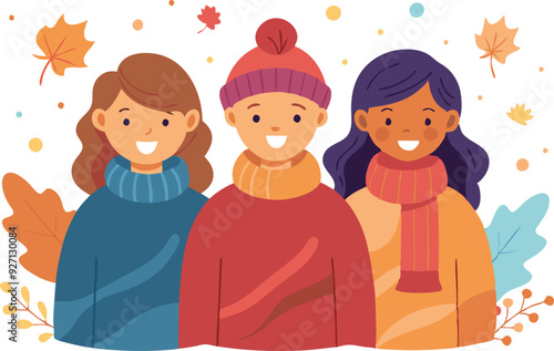 Three cheerful friends are dressed warmly, enjoying a fall day with vibrant leaves around them.