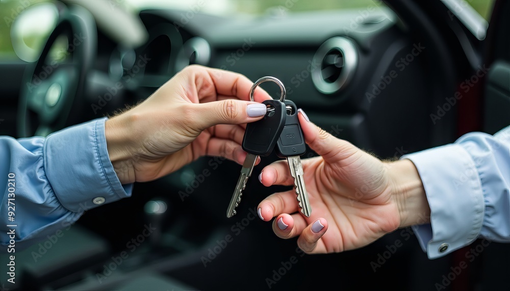 Man woman gets the car key from seller - satisfied - trade closed - new car in the background. Concept of buying a vehicle, auto business. Man woman gets the car key from seller - satisfied - trade closed - new car in the background. Concept of buying a vehicle, auto business.