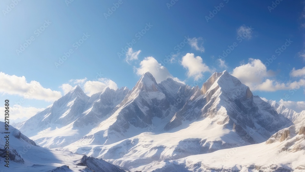 Snow-covered mountain peaks under a clear sky, crisp and cold. Snow-covered mountain peaks under a clear sky, crisp and cold.
