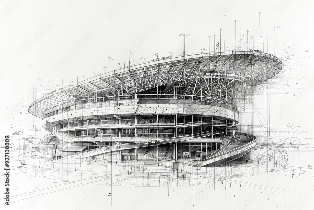Highlights the architectural beauty and simplicity of a stadium's structure through a minimalist sketch. Highlights the architectural beauty and simplicity of a stadium's structure through a minimalist sketch.