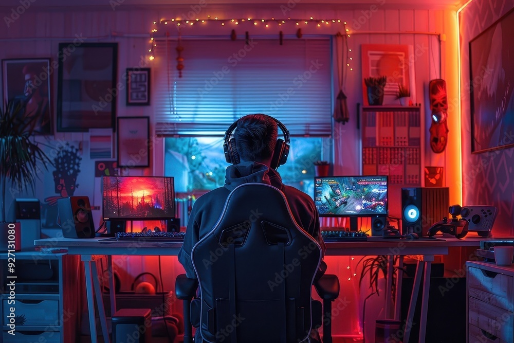 Obraz premium Visual representation of a professional esports streaming studio with neon-lit ambiance.