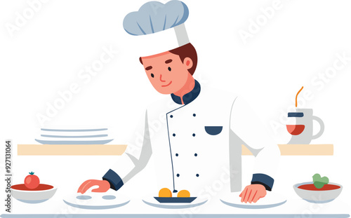 A chef focuses on plating gourmet dishes while surrounded by fresh ingredients and kitchen tools.
