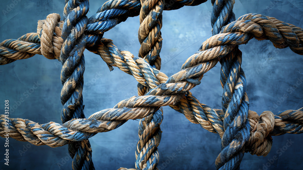 a knot made of two pieces of rope, one light and one dark. a knot made of two pieces of rope, one light and one dark.