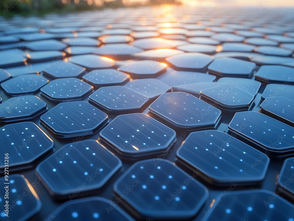 Naklejka premium Artistic rendering of a solar power plant, showcasing the assembly of panels in a precise, repeating pattern Infrastructure Pattern Assembly, Solar power plant
