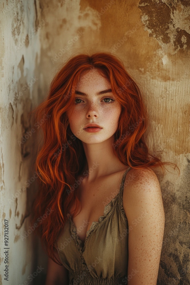 Naklejka premium Woman with Red Hair Leaning Against Wall