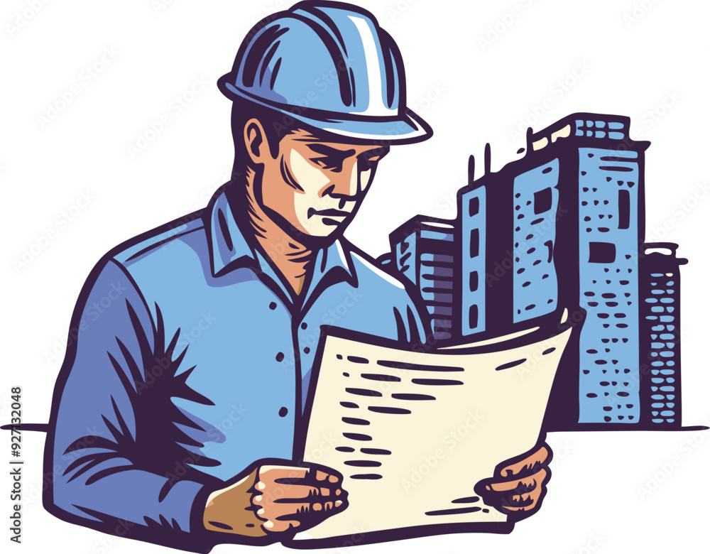 A construction worker studies blueprints while standing in front of ongoing construction. A construction worker studies blueprints while standing in front of ongoing construction.