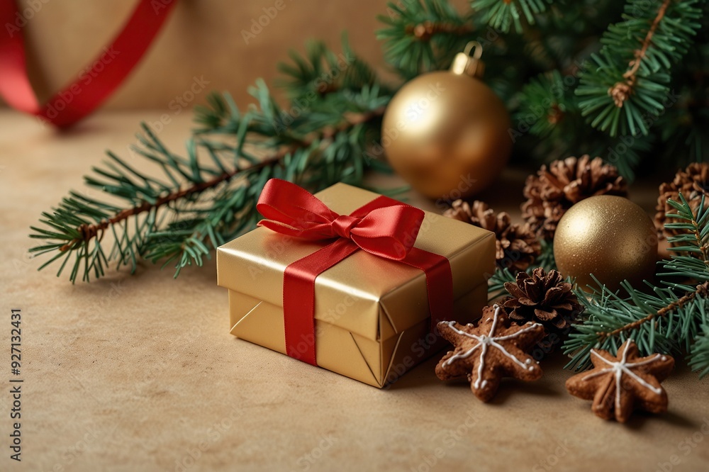 Christmas decoration composition on light gold background with beautiful Golden gift box with red ribbon, fir branches, cones, stars, Christmas cookies,cinnamon, top view, copy space Christmas decoration composition on light gold background with beautiful Golden gift box with red ribbon, fir branches, cones, stars, Christmas cookies,cinnamon, top view, copy space