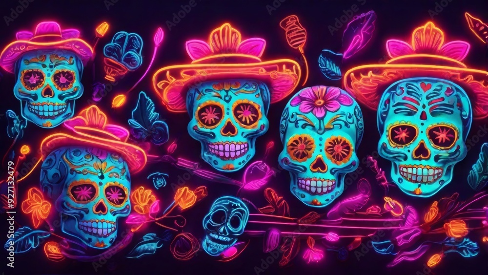 Fototapeta premium sugar skull in neon light for Day of the Dead celebrations, created with Generative AI Technology