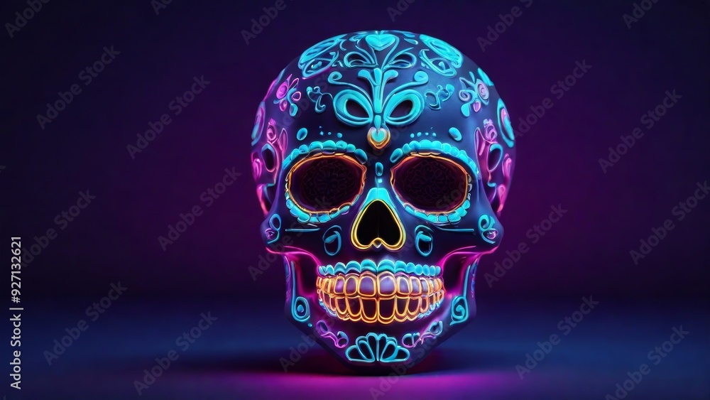sugar skull in neon light for Day of the Dead celebrations, created with Generative AI Technology sugar skull in neon light for Day of the Dead celebrations, created with Generative AI Technology