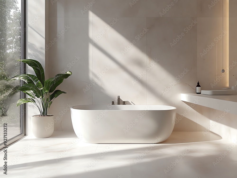 Fototapeta premium 3D model of a minimalist bathroom, with sleek, functional fixtures and a clean, modern design Minimalist Functional, Modern bathroom