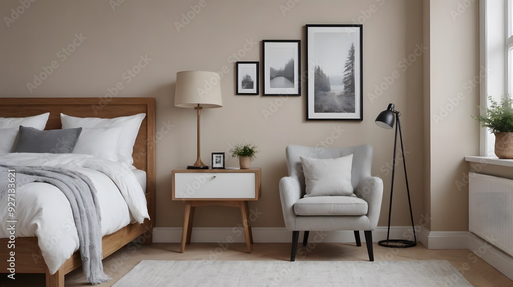 A decent bedroom room interior image with arm chairs, table lamp and photo frames on front wall. A decent bedroom room interior image with arm chairs, table lamp and photo frames on front wall.
