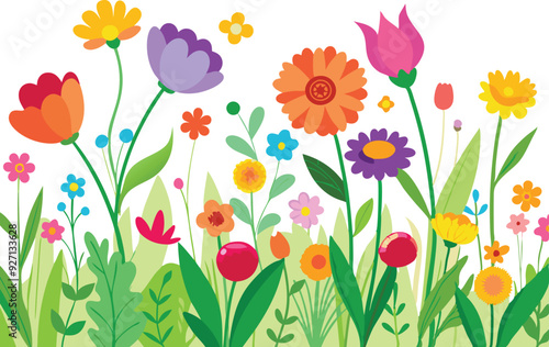 A vibrant display of spring flowers in various colors and types swaying gently.