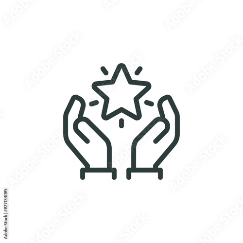 Outline icon value, best score, high quality product, experience. Line sign human hands holding-hugging star symbol. Vector isolated pictograms for web on white background editable stroke.