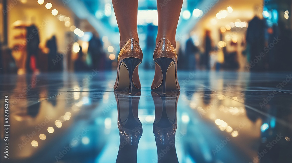 Fototapeta premium A woman shopping for shoes at a stylish footwear boutique She tries on a pair of heels admiring her reflection in the mirror Stock Photo with copy space