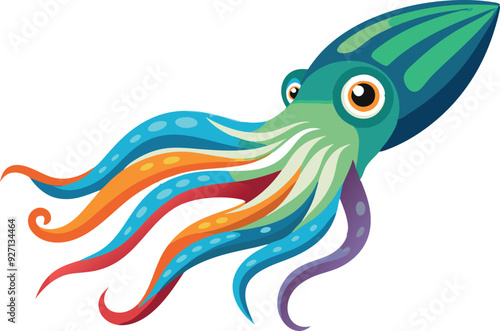 A vivid squid with colorful tentacles swims gracefully in clear water.