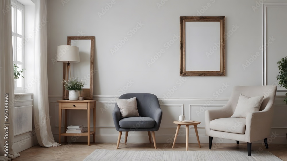 Fototapeta premium High resolution photo frame on the wall interior image template, empty art frame interior design ai generated designer pictures.