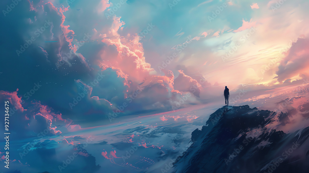 a person standing on a rock above a sea of clouds. The sky is a mix of blue and pink. a person standing on a rock above a sea of clouds. The sky is a mix of blue and pink.