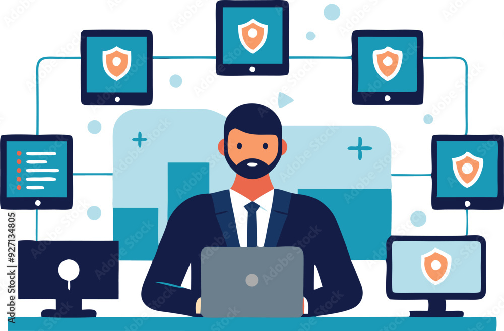 A man in a suit analyzes data on a laptop while multiple screens display security protection icons. A man in a suit analyzes data on a laptop while multiple screens display security protection icons.