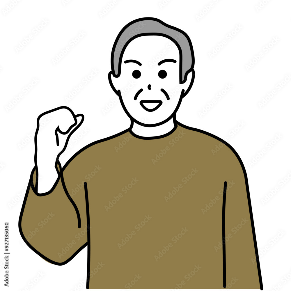 ガッツポーズをするシニア男性のイラスト、ポジティブな表情と元気な姿 ガッツポーズをするシニア男性のイラスト、ポジティブな表情と元気な姿