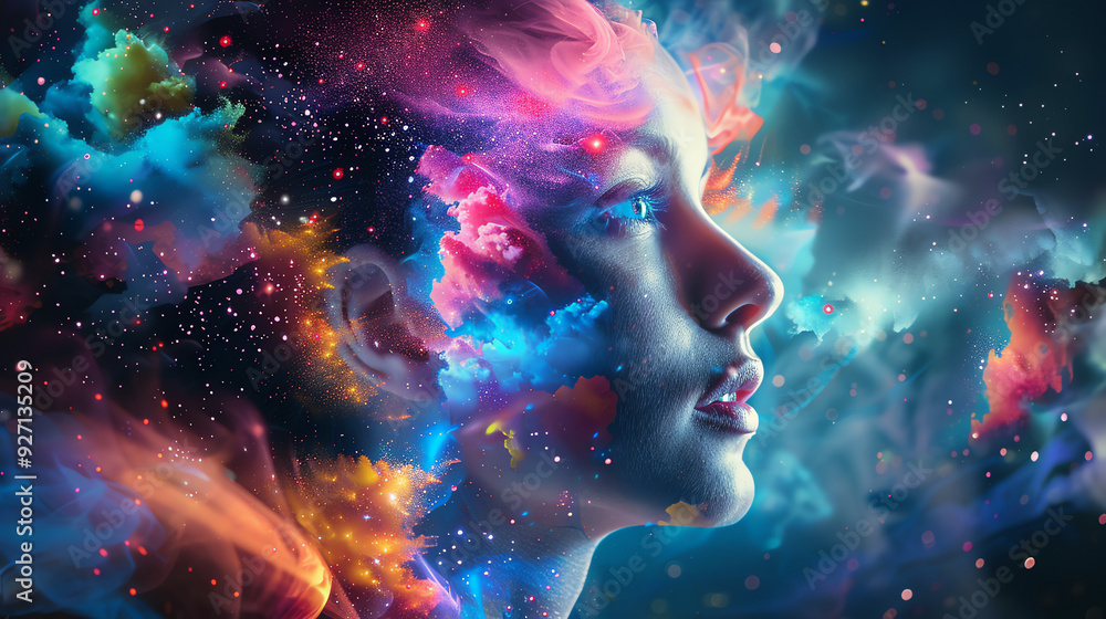 an image of a woman's face with colorful abstract shapes and stars around her.