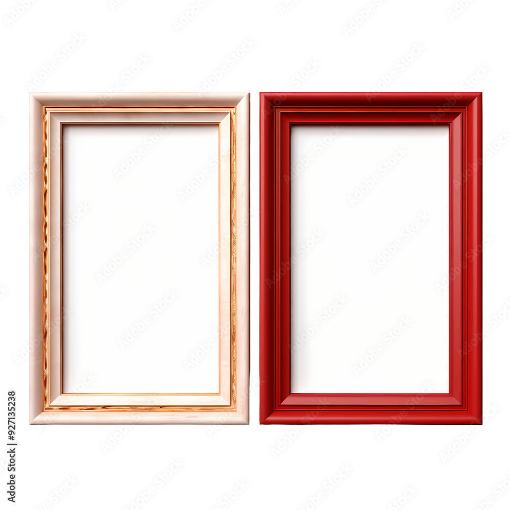 Two empty picture frames, one in a light wood tone and one in a vibrant red, ready to showcase your favorite memories. Two empty picture frames, one in a light wood tone and one in a vibrant red, ready to showcase your favorite memories.