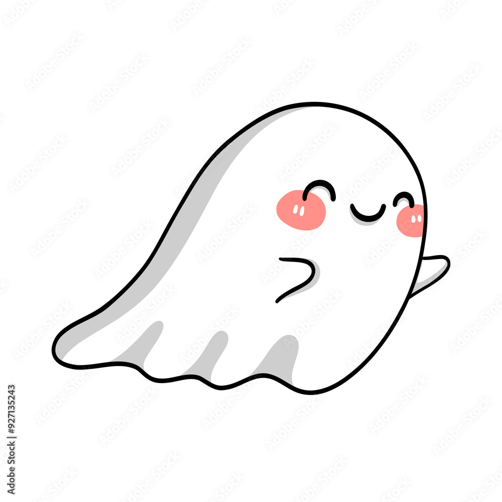 A white ghost with scarlet cheeks drifting across space. A sweet smiling ghost face. Adorable Halloween ghost. A sweet Halloween that isn't scary. Cartoon Images for Halloween. Clip Art for Halloween.