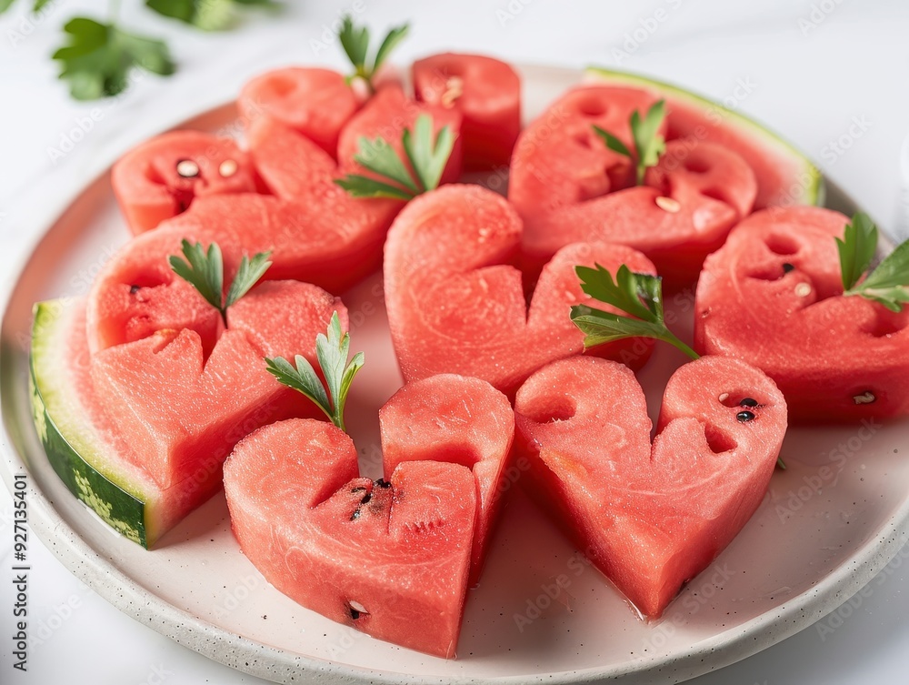 A vibrant plate of heart-shaped watermelon slices, garnished with fresh parsley, perfect for summer gatherings or healthy snacks. A vibrant plate of heart-shaped watermelon slices, garnished with fresh parsley, perfect for summer gatherings or healthy snacks.
