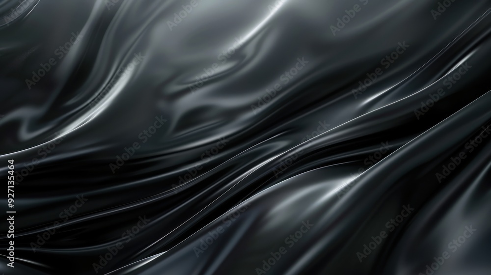 Obraz premium A close-up of black silky fabric draped and flowing in soft waves, creating a smooth and luxurious texture. Light reflects off the surface, highlighting the fabric's subtle sheen and creating a sense 