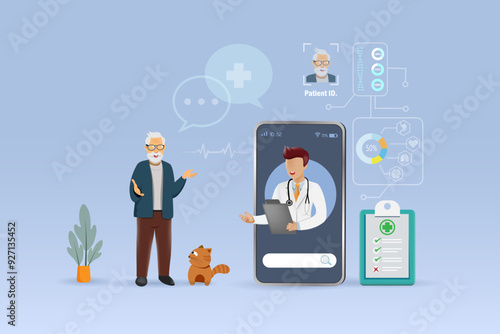 Doctor online diagnosis and give consultation to senior patient. Telemedicine, virtual doctor, medical and health care service innovation technology. Vector.