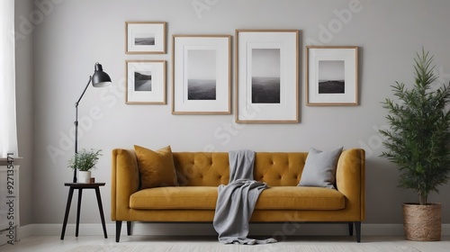 A neat and clean living area interior image with orange sofa, table lamp, coffee table, planters and multiple photo frames on the front wall interior template.