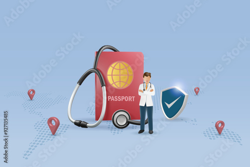 Global comprehensive coverage for travel and medical insurance. Doctor with passport, stethoscope and shield guard on world map. Travel insurance coverage and medical tourism concept. Vector.