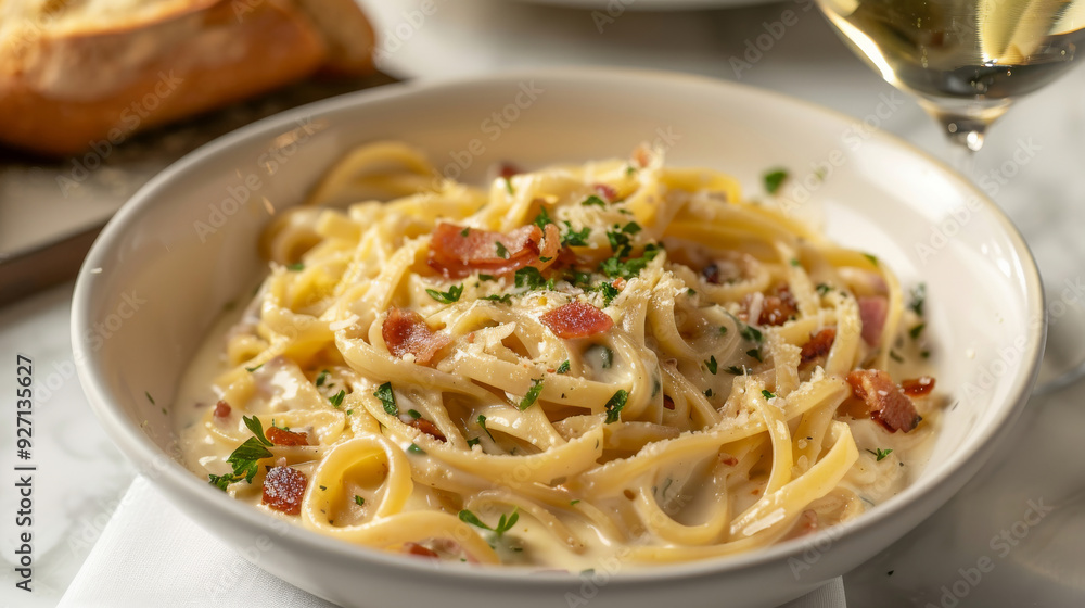 Upscale Creamy Carbonara with Fettuccine, Egg Yolk Sauce, and Pecorino Romano Cheese Upscale Creamy Carbonara with Fettuccine, Egg Yolk Sauce, and Pecorino Romano Cheese