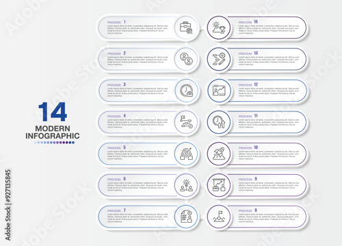 Modern infographic with 14 steps and business icons for presentation.