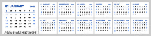 Calendar 2025 - Simple Layout Illustration. Week starts on Sunday. Calendar Set for 2025 year. Planner diary in minimalist style. Corporate and business calendar. 2025 calendar in minimal style