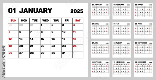 Calendar planner 2025 year, schedule month calender, organizer template. Week starts on Sunday. Corporate and business calendar 2025. Simple vector illustration