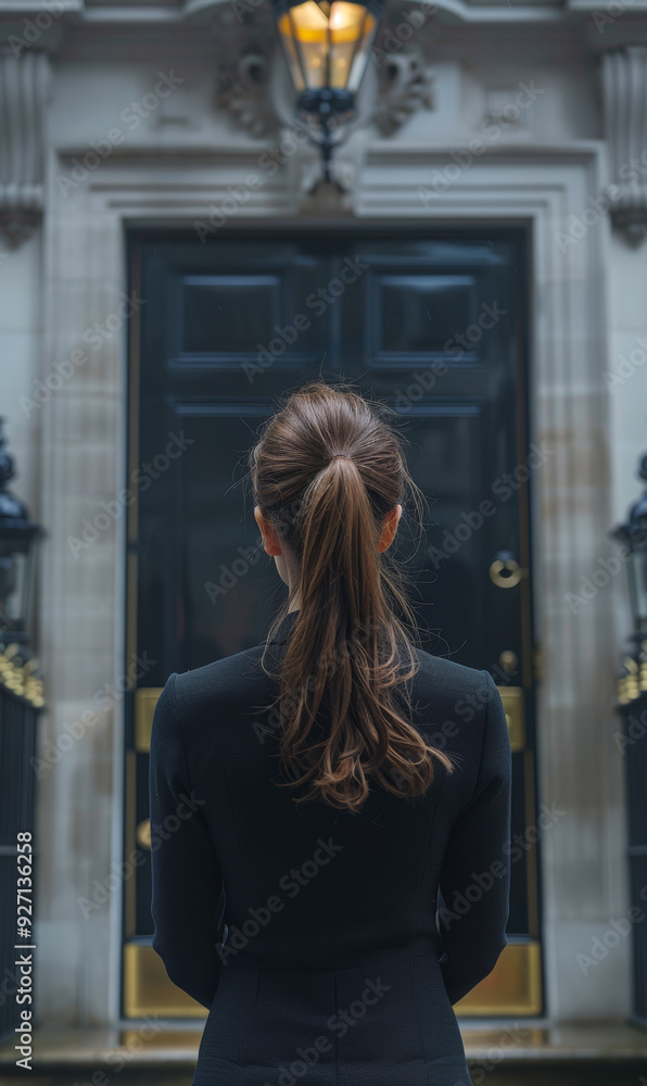 A woman with long brown hair stands in front of a black door. She is wearing a black dress and a black jacket A woman with long brown hair stands in front of a black door. She is wearing a black dress and a black jacket