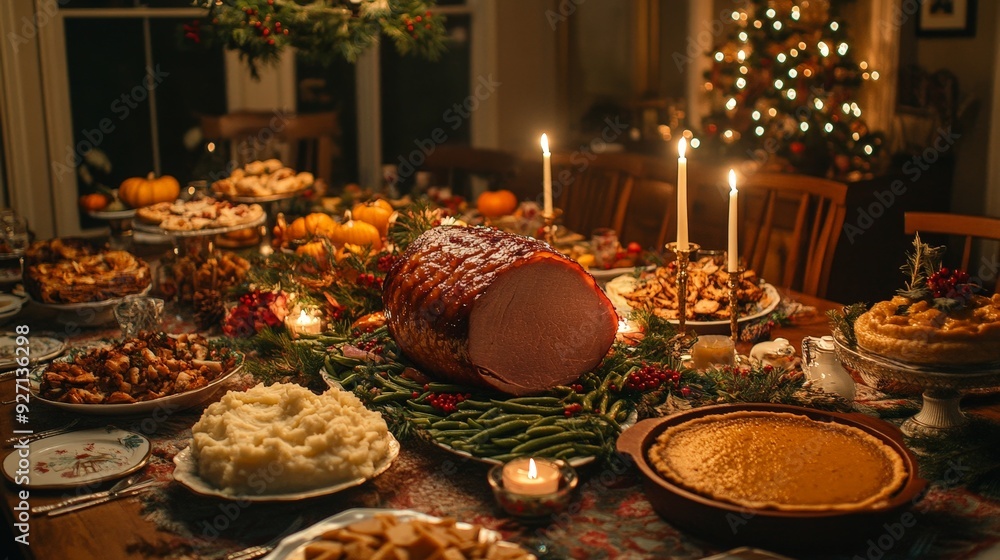 Holiday Feast with Ham and Festive Sides on Table Holiday Feast with Ham and Festive Sides on Table