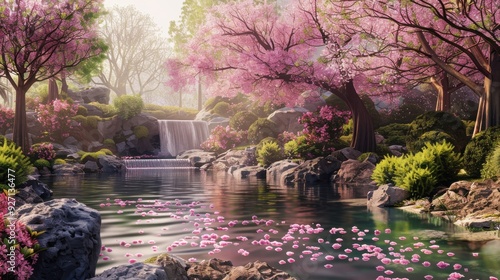 Fototapeta Naklejka Na Ścianę i Meble -  A serene pond surrounded by blooming cherry blossom trees in a lush forest. Sun rays illuminate the water, creating a warm glow. A small waterfall cascades into the pond, adding to the tranquil atmosp