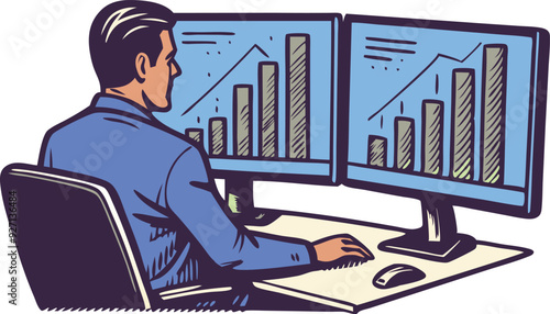 A man reviews financial data and graphs on two computer screens while sitting at a desk.