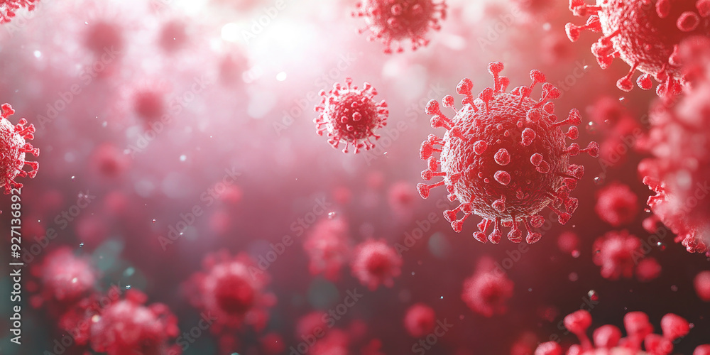 Microscopic view of a spreading virus, possibly a coronavirus or monkeypox, with spikes. 3D banner illustration, microscopic view of floating influenza virus cells. Corona virus SARS-CoV-2 Microscopic view of a spreading virus, possibly a coronavirus or monkeypox, with spikes. 3D banner illustration, microscopic view of floating influenza virus cells. Corona virus SARS-CoV-2