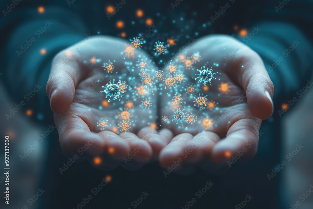 Rapid spread of the virus through hands. Microscopic view of a spreading virus. Corona virus SARS-CoV-2. Monkey pox. Omicron. Delta. Flirt. Pandemic. Urgency of research in the global health crisis. Rapid spread of the virus through hands. Microscopic view of a spreading virus. Corona virus SARS-CoV-2. Monkey pox. Omicron. Delta. Flirt. Pandemic. Urgency of research in the global health crisis.