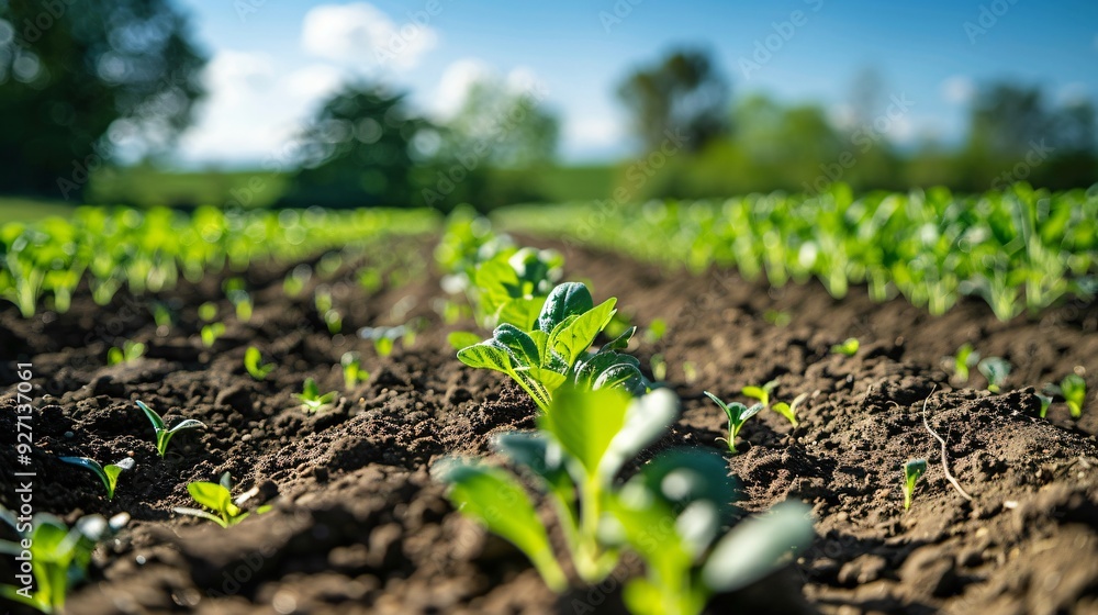 Low angle view of seedlings and crop rows Low angle view of seedlings and crop rows