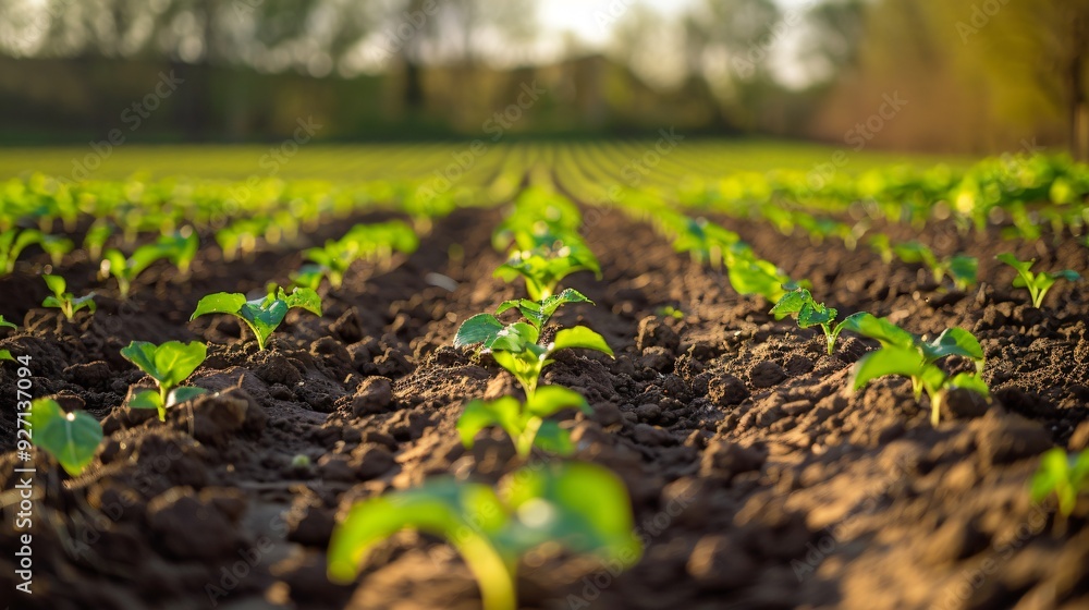 Low angle view of seedlings and crop rows Low angle view of seedlings and crop rows
