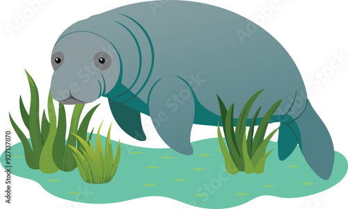 A manatee glides gracefully through green aquatic plants in clear water under a bright daylight sky.