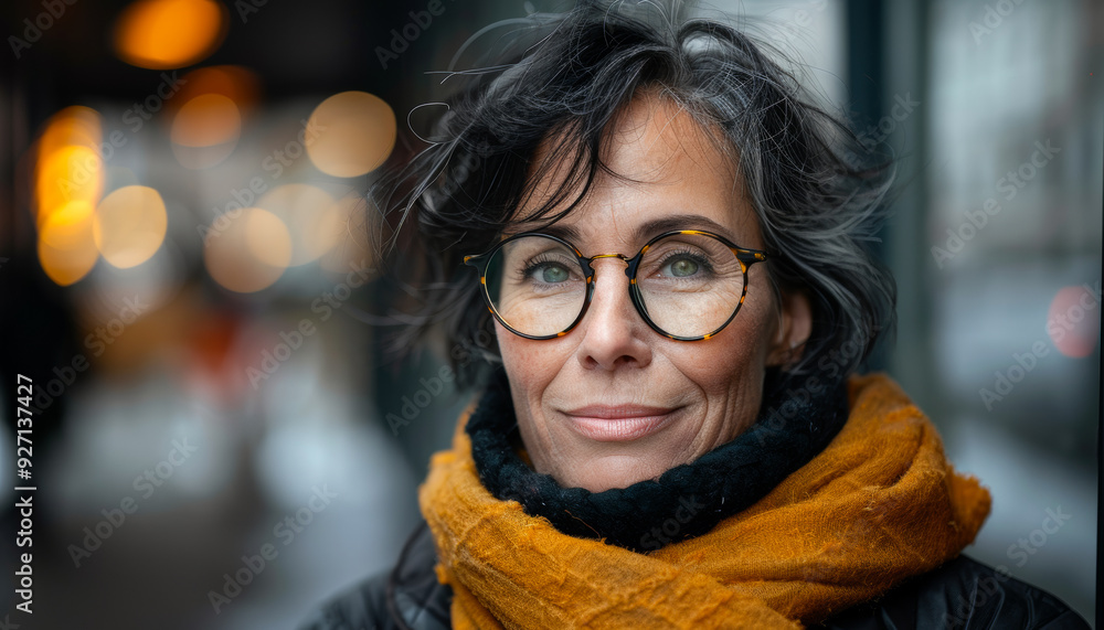 A woman with glasses and a scarf is smiling. She is wearing a black jacket and a yellow scarf A woman with glasses and a scarf is smiling. She is wearing a black jacket and a yellow scarf