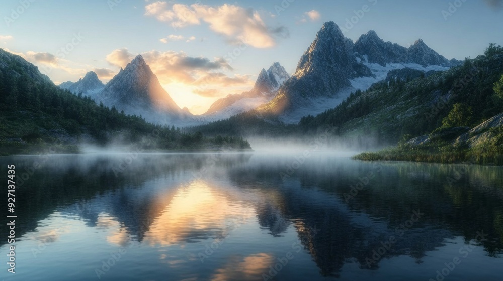 Fototapeta premium Serene Mountain Lake Sunrise: Misty Reflections of Majestic Peaks