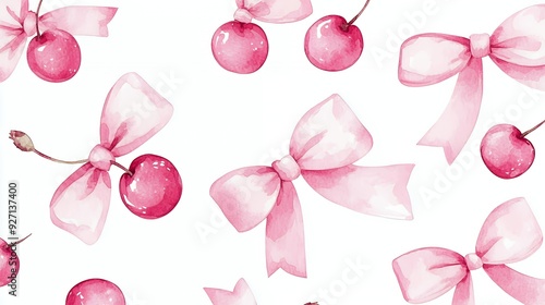 Watercolor pink cherry and bow pattern background.